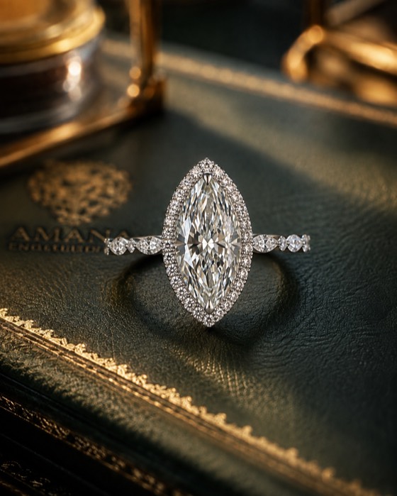 The Maris — a 2.5 carat marquise halo engagement ring in 14K white gold