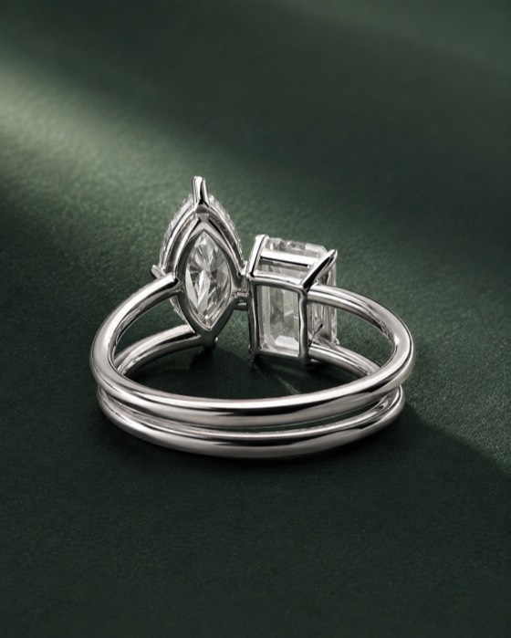 The Meridian Duet — a two-stone marquise and emerald cut toi et moi engagement ring in platinum