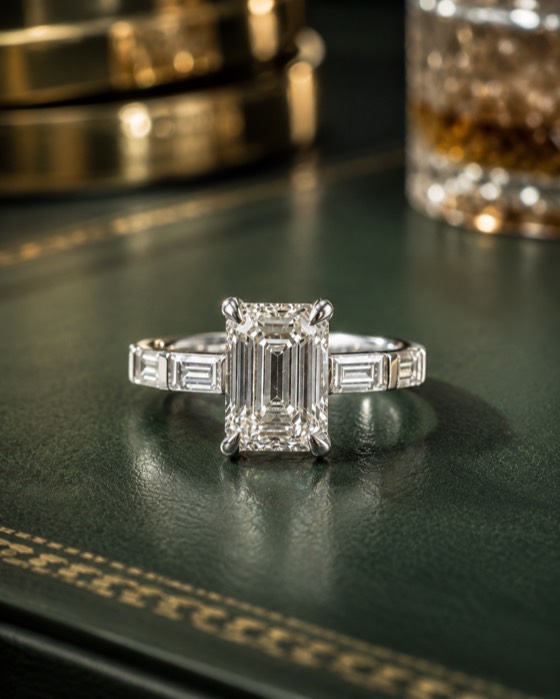 The Regent — a platinum emerald cut engagement ring with a baguette diamond band